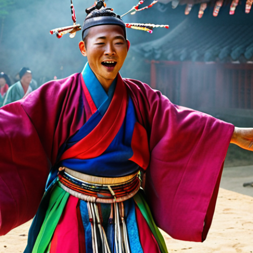Home 21 A Korean Mudang (shaman) in vibrant, flowing traditional robes, mid-ecstatic dance during a Mu-sok Gut ceremony. The atmosphere is charged with palpable spiritual energy, almost "crackling." Rhythmic drums and ancient chants are implied, with symbolic offerings arranged around. The Mudang is in a deep trance, serving as a conduit to the spirit world, embodying emotional depth and healing power. Dynamic, mystical lighting, traditional Korean aesthetic, highly detailed, spiritual aura.