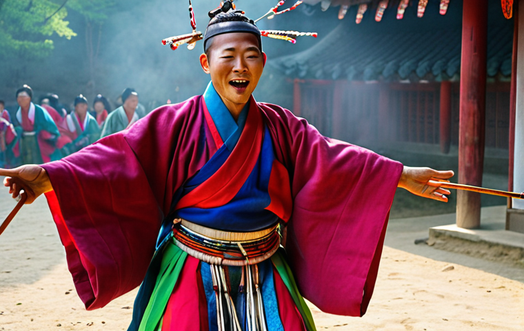 A Korean Mudang (shaman) in vibrant, flowing traditional robes, mid-ecstatic dance during a Mu-sok Gut ceremony. The atmosphere is charged with palpable spiritual energy, almost "crackling." Rhythmic drums and ancient chants are implied, with symbolic offerings arranged around. The Mudang is in a deep trance, serving as a conduit to the spirit world, embodying emotional depth and healing power. Dynamic, mystical lighting, traditional Korean aesthetic, highly detailed, spiritual aura.