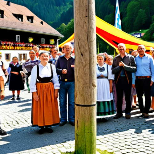 Home 20 A joyful community gathering of diverse adults, fully clothed in modest, appropriate Bavarian traditional attire, celebrating around a tall, beautifully decorated Maibaum (Maypole) in a sunny village square in Bavaria. Rolling green hills and a quaint church are visible in the background. The atmosphere is festive and wholesome, with individuals smiling and interacting naturally. Professional photography, perfect anatomy, correct proportions, well-formed hands, proper finger count, natural body proportions, high quality, safe for work, appropriate content, fully clothed, family-friendly.