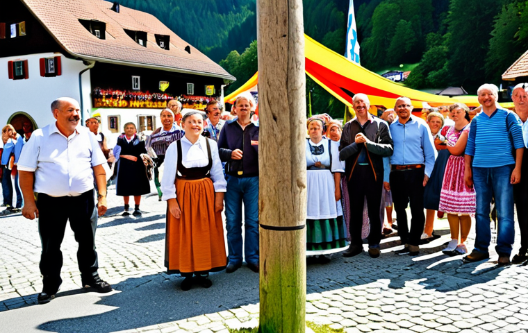 A joyful community gathering of diverse adults, fully clothed in modest, appropriate Bavarian traditional attire, celebrating around a tall, beautifully decorated Maibaum (Maypole) in a sunny village square in Bavaria. Rolling green hills and a quaint church are visible in the background. The atmosphere is festive and wholesome, with individuals smiling and interacting naturally. Professional photography, perfect anatomy, correct proportions, well-formed hands, proper finger count, natural body proportions, high quality, safe for work, appropriate content, fully clothed, family-friendly.