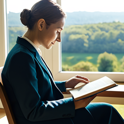Home 9 A calm, contemplative adult, fully clothed in modest, professional attire, seated in a sunlit modern interior with large windows overlooking a lush, serene natural landscape. The person is gently holding a closed book, symbolizing ancient wisdom, with a subtle, out-of-focus tablet nearby, hinting at digital learning. The pose is natural and peaceful, embodying inner connection and mindfulness. Perfect anatomy, correct proportions, well-formed hands, proper finger count, natural body proportions. Safe for work, appropriate content, professional, family-friendly.