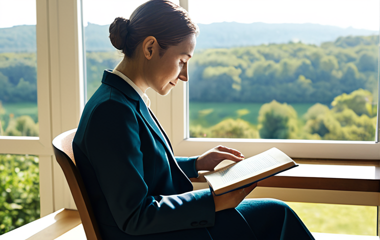 A calm, contemplative adult, fully clothed in modest, professional attire, seated in a sunlit modern interior with large windows overlooking a lush, serene natural landscape. The person is gently holding a closed book, symbolizing ancient wisdom, with a subtle, out-of-focus tablet nearby, hinting at digital learning. The pose is natural and peaceful, embodying inner connection and mindfulness. Perfect anatomy, correct proportions, well-formed hands, proper finger count, natural body proportions. Safe for work, appropriate content, professional, family-friendly.