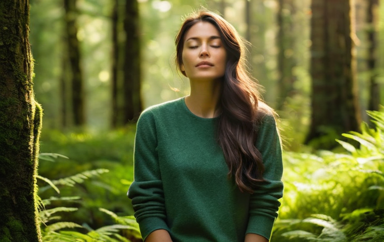 무속 의식과 자연 보호 - **Prompt 1: The Quiet Listener in Nature**
    A serene, adult woman, aged around 30-40, with gentle...