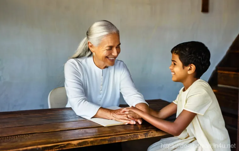 유명 무속인의 굿 이야기 - **Prompt:** A serene, middle-aged woman with a gentle expression is seated cross-legged on a natural...