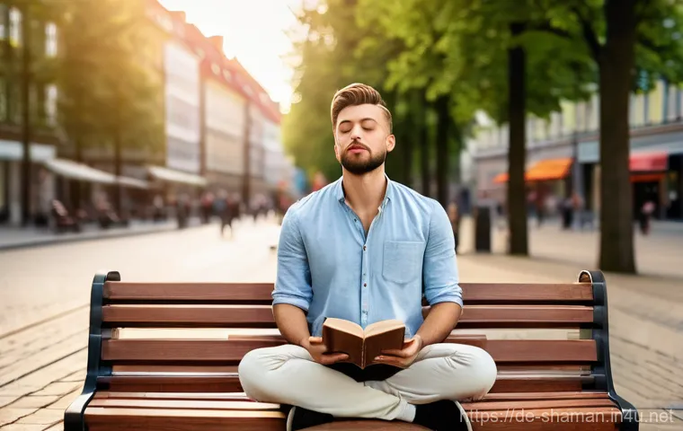 무속과 사주풀이의 관계 - A person in their late 20s, wearing stylish yet comfortable everyday clothes, meditating peacefully ...