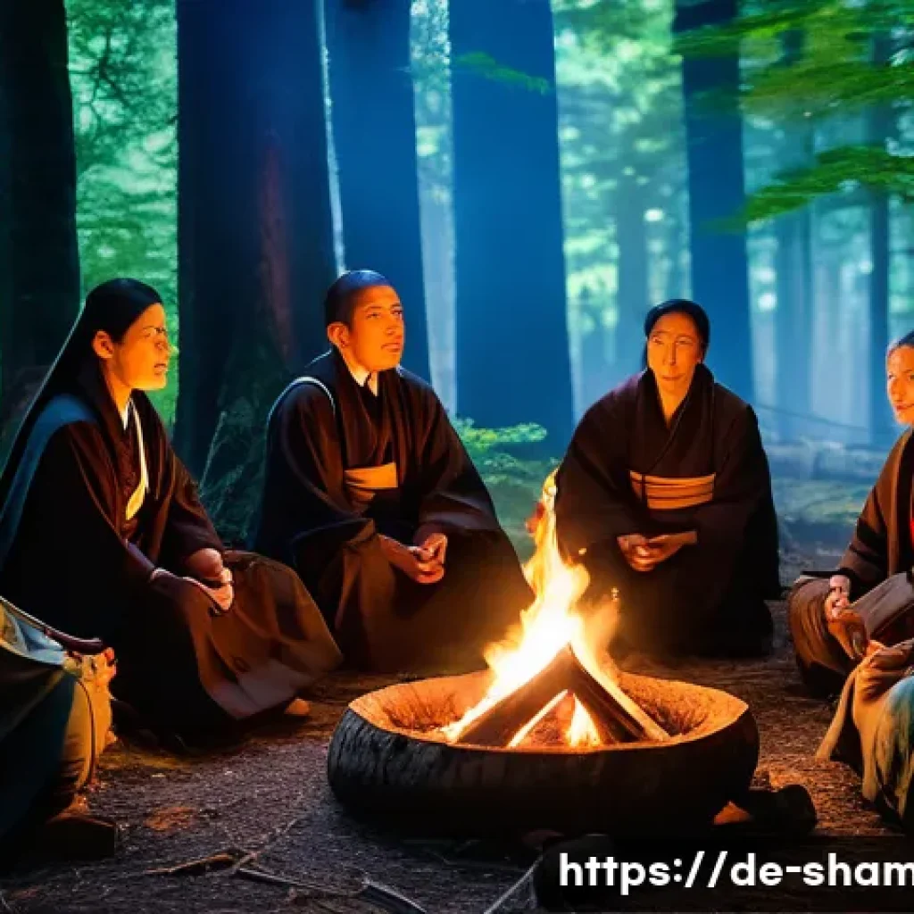 무속 의식에서 금기 사항 - A serene spiritual ceremony scene in a softly lit forest clearing at dusk, with participants dressed...