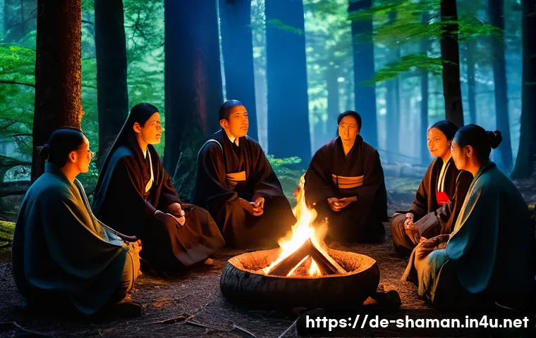 무속 의식에서 금기 사항 - A serene spiritual ceremony scene in a softly lit forest clearing at dusk, with participants dressed...