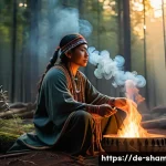 Home 18 무속 관련 블로그 추천 - A serene forest scene at dawn featuring a modern shamanic practitioner performing a ritual with trad...