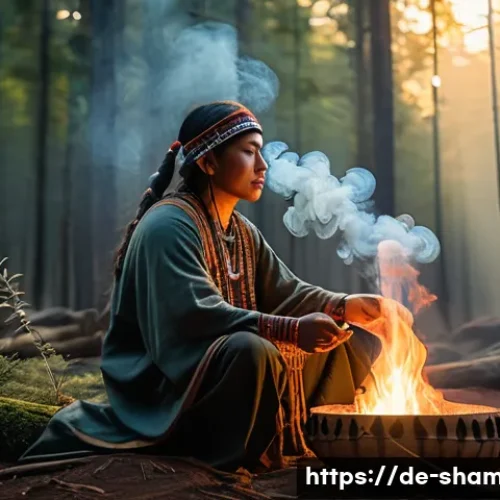 Home 30 무속 관련 블로그 추천 - A serene forest scene at dawn featuring a modern shamanic practitioner performing a ritual with trad...