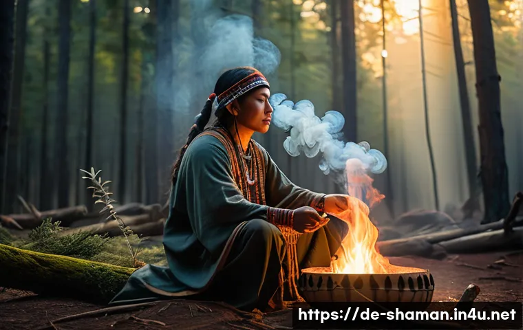 무속 관련 블로그 추천 - A serene forest scene at dawn featuring a modern shamanic practitioner performing a ritual with trad...