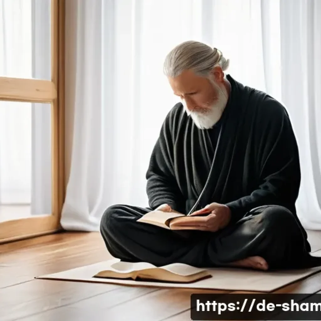 무속과 개인적인 성장 - A serene indoor scene depicting a middle-aged European person practicing a morning ritual involving ...