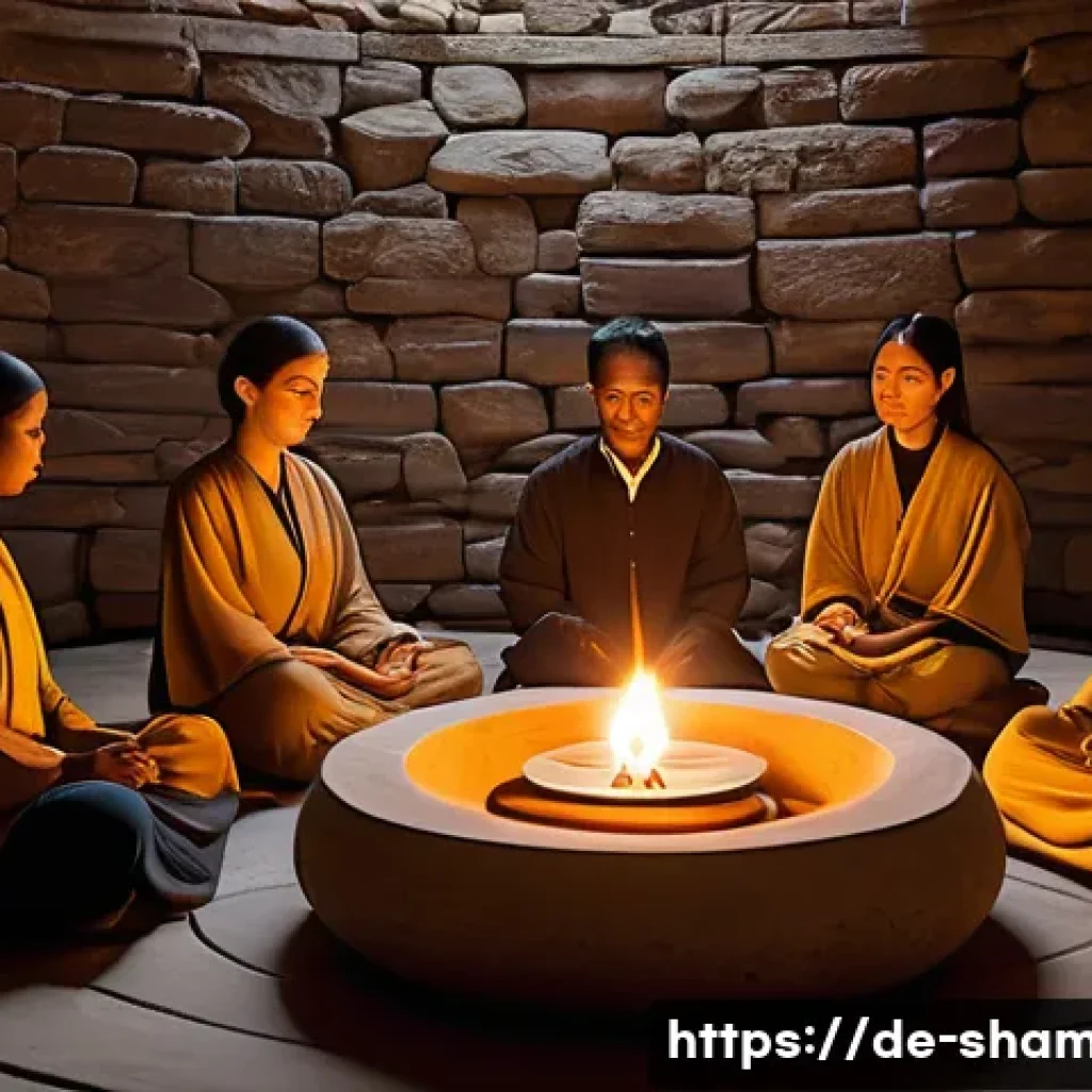 무속 의식 참여 후기 - A serene ritual room bathed in warm candlelight, gentle flickering flames casting soft shadows on te...