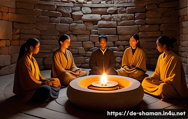 무속 의식 참여 후기 - A serene ritual room bathed in warm candlelight, gentle flickering flames casting soft shadows on te...
