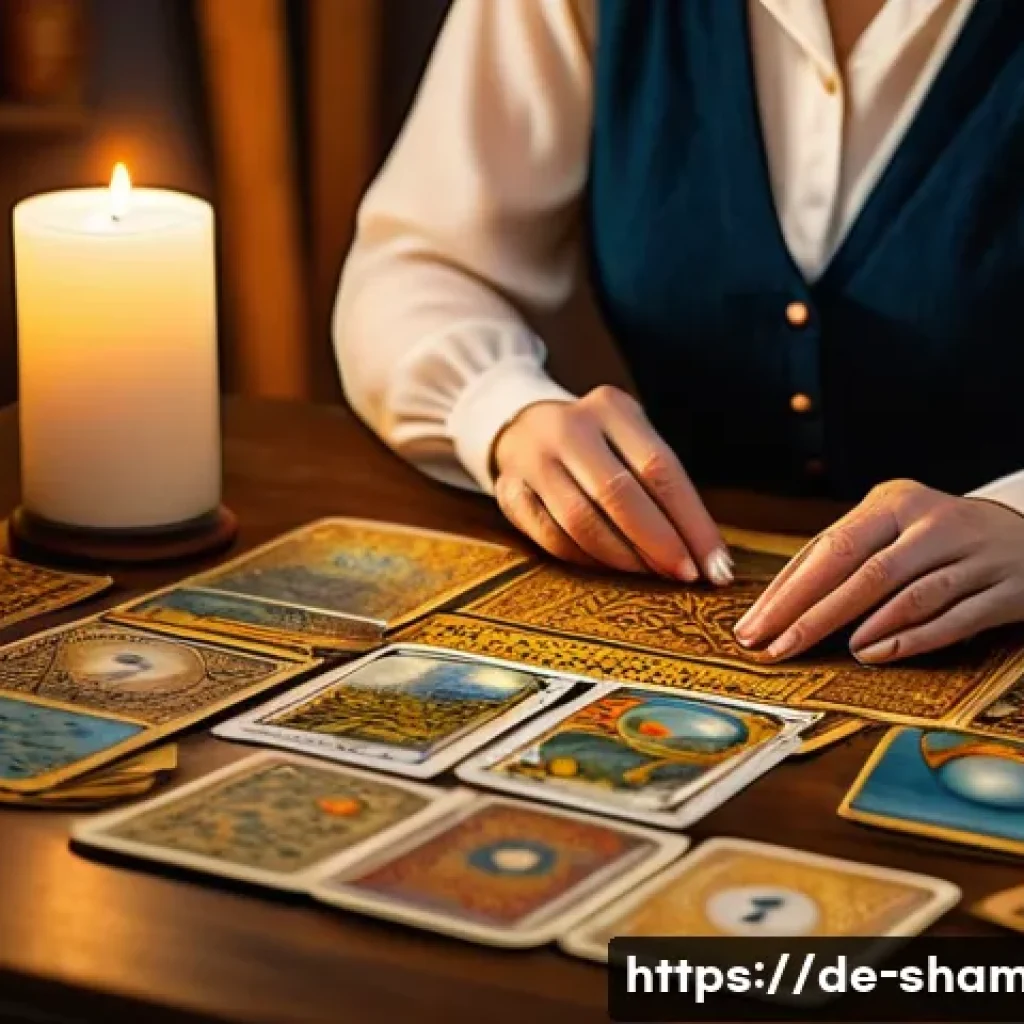 무속 점사의 종류 - A serene and mystical tarot card reading scene set in a cozy, softly lit room with warm candlelight ...