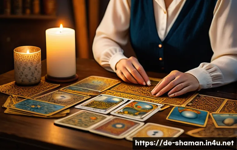 무속 점사의 종류 - A serene and mystical tarot card reading scene set in a cozy, softly lit room with warm candlelight ...