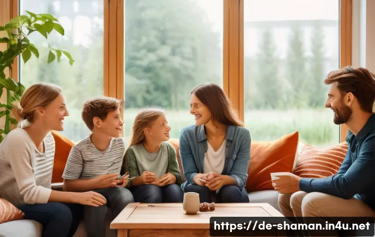 무속에서 인간 관계 개선법 - A warm, inviting living room scene with a diverse German family sitting together around a wooden cof...
