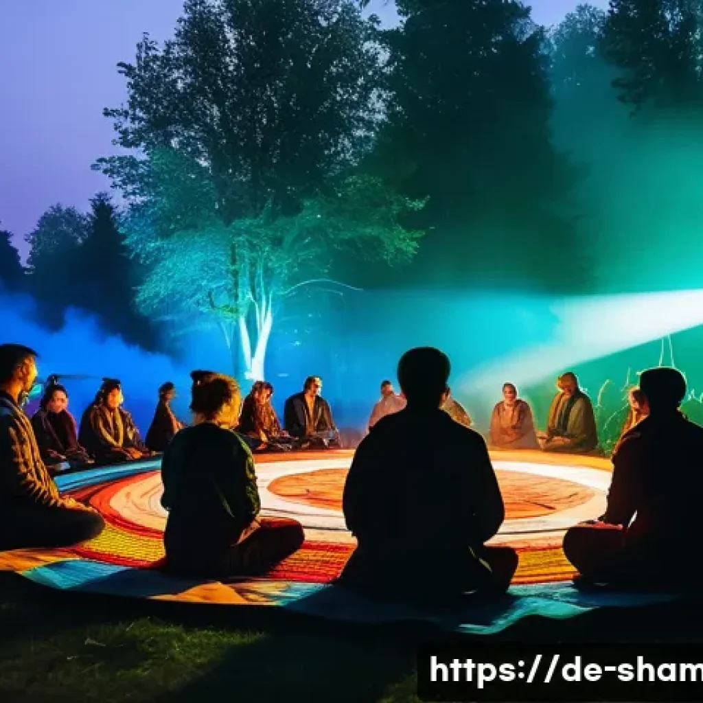 무속 음악의 현대적 변주 - A live outdoor festival scene in Germany during twilight, featuring a diverse group of musicians ble...