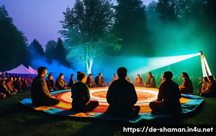 무속 음악의 현대적 변주 - A live outdoor festival scene in Germany during twilight, featuring a diverse group of musicians ble...