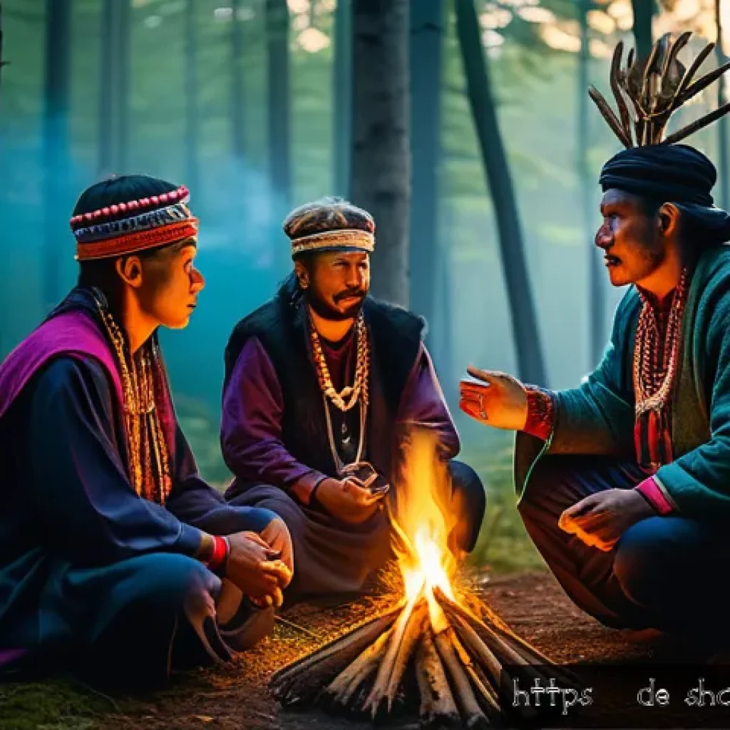 무속과 민속학의 관계 - A detailed scene depicting a traditional shamanic ritual in a Northern European forest during twilig...