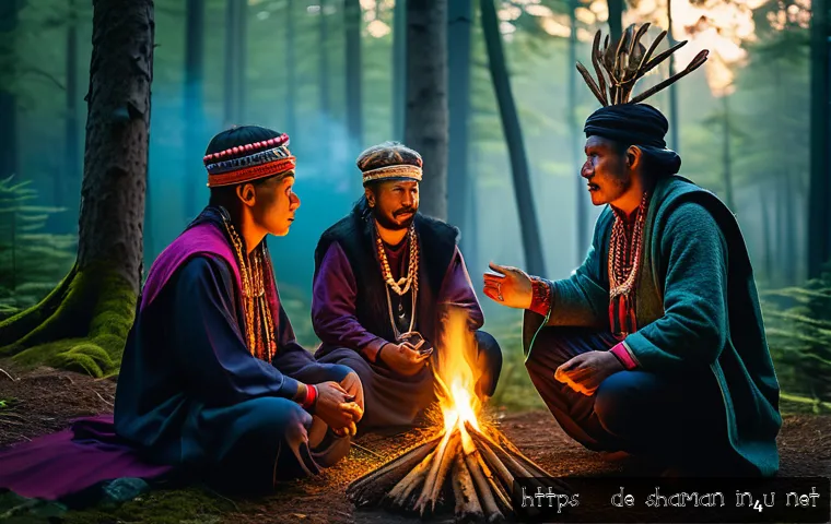 무속과 민속학의 관계 - A detailed scene depicting a traditional shamanic ritual in a Northern European forest during twilig...