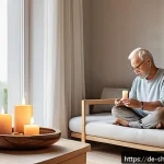 Home 22 무속과 종교 의례 비교 - A serene modern living room scene in Germany featuring a middle-aged person performing a morning rit...