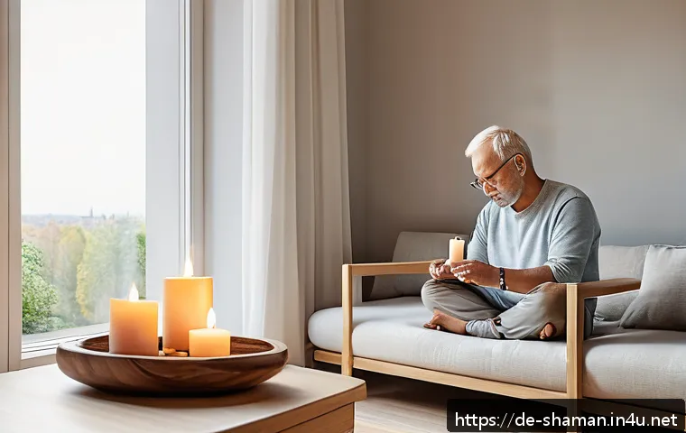 무속과 종교 의례 비교 - A serene modern living room scene in Germany featuring a middle-aged person performing a morning rit...