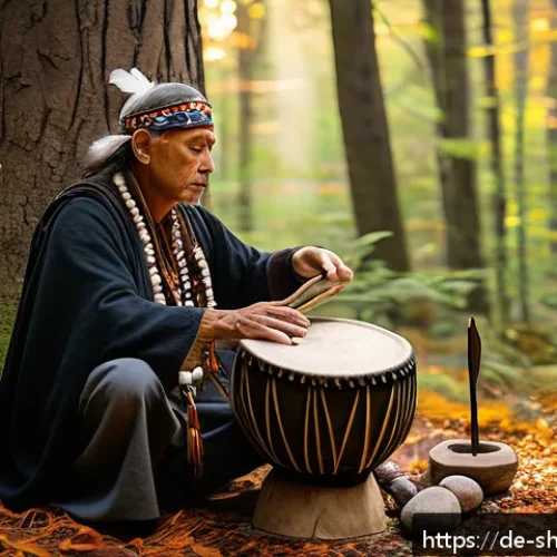 Home 33 무속과 샤머니즘 차이 - A serene outdoor shamanic ritual scene set in a lush Northern European forest during early autumn, f...