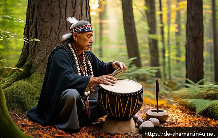 무속과 샤머니즘 차이 - A serene outdoor shamanic ritual scene set in a lush Northern European forest during early autumn, f...