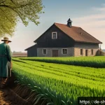Home 19 무속 의식에서 농업 관련 굿 - A serene rural German farm scene during spring planting season, showing farmers dressed in modest tr...