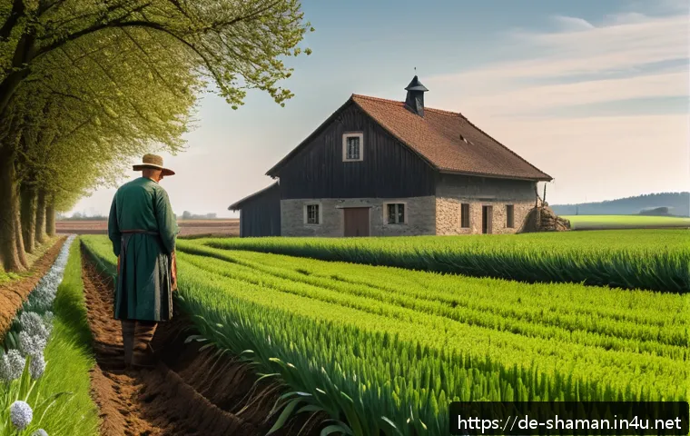 무속 의식에서 농업 관련 굿 - A serene rural German farm scene during spring planting season, showing farmers dressed in modest tr...