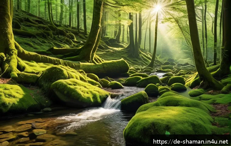 무속과 에너지 치유 - A serene forest scene in early morning light, featuring a peaceful person dressed in comfortable out...