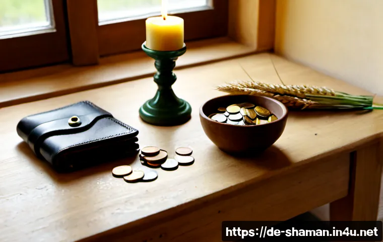 무속과 재물운 - Photorealistic still life of a tasteful Central European folk spirituality corner suggesting prosper...