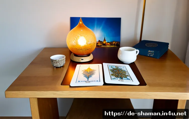 Home 15 무속 관련 사업 아이템 - Photorealistic small spiritual consultation studio in a modern German city, warm oak desk with neatl...